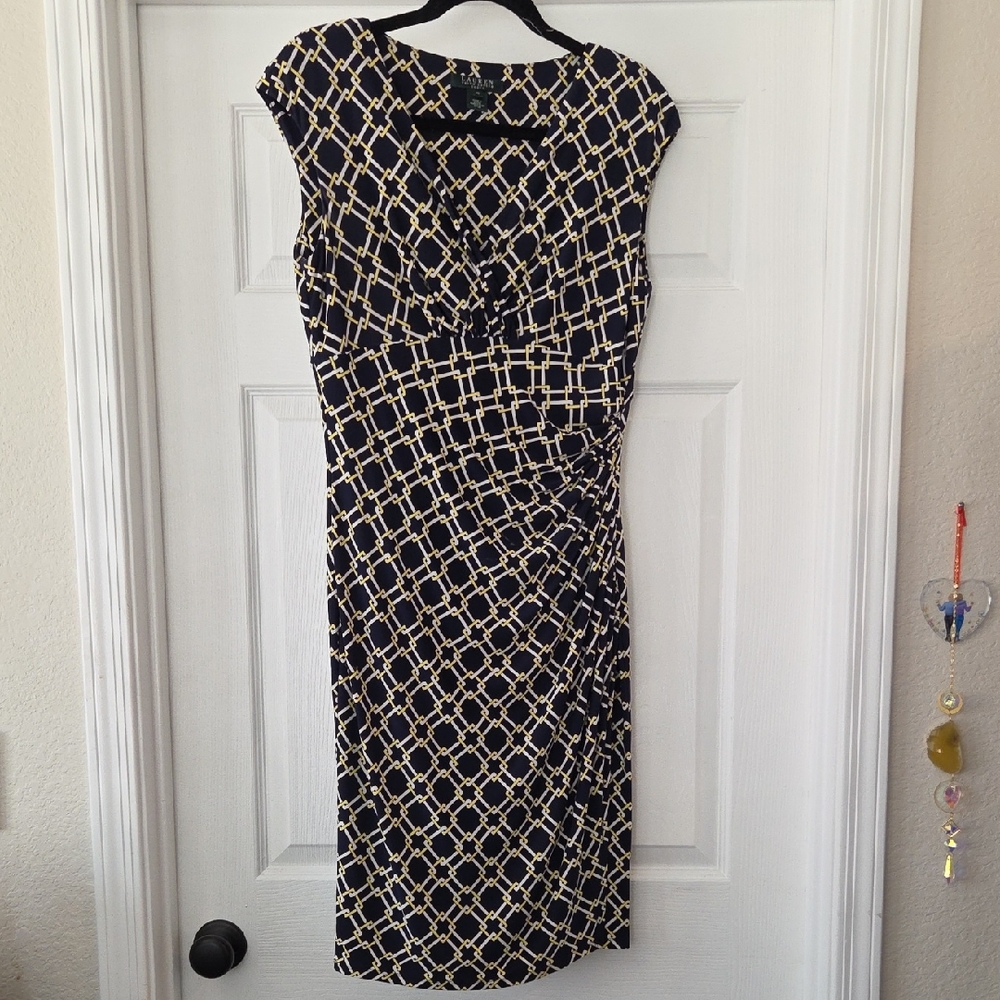 Ralph Lauren Navy Knee Length Dress with Cream/Yellow Chain Print With Ruching